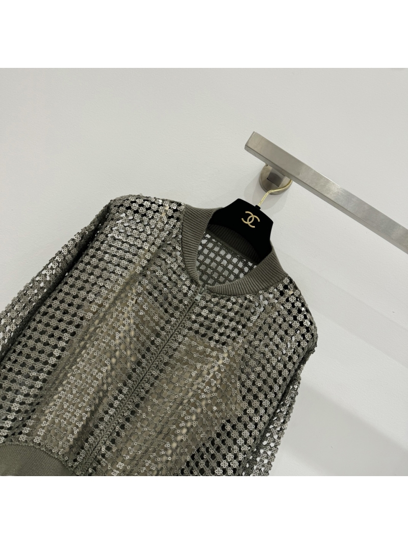 Brunello Cucinelli Hand-Stitched Sequin Mesh Bomber Jacket in Olive Green