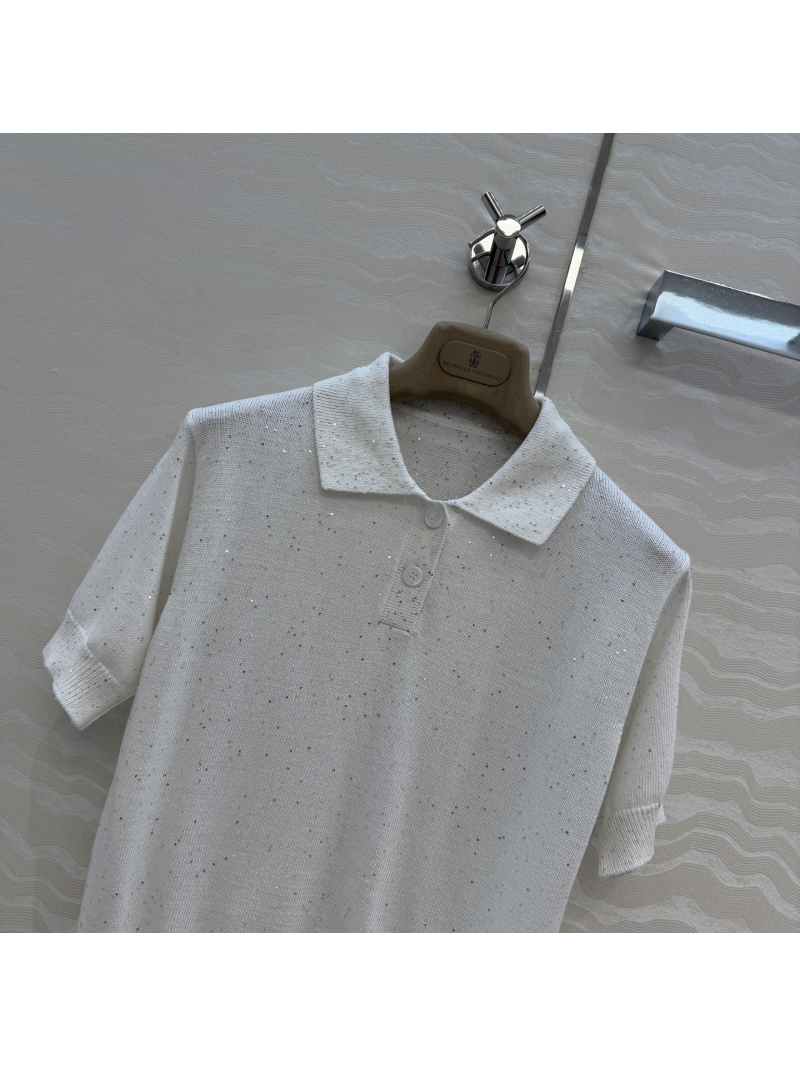 Brunello Cucinelli Linen-Cotton Sequin Polo Top