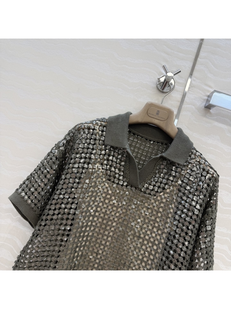 Brunello Cucinelli Linen-Blend Open-Knit Sequin Polo Top