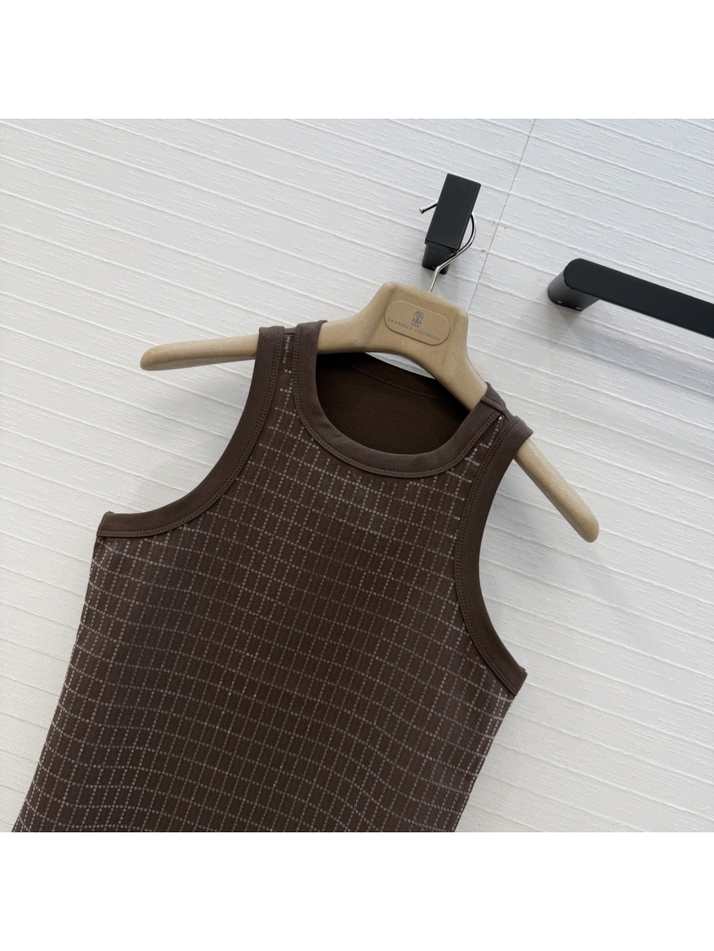 Brunello Cucinelli Brass Sequin Embroidered Sleeveless Tank Top