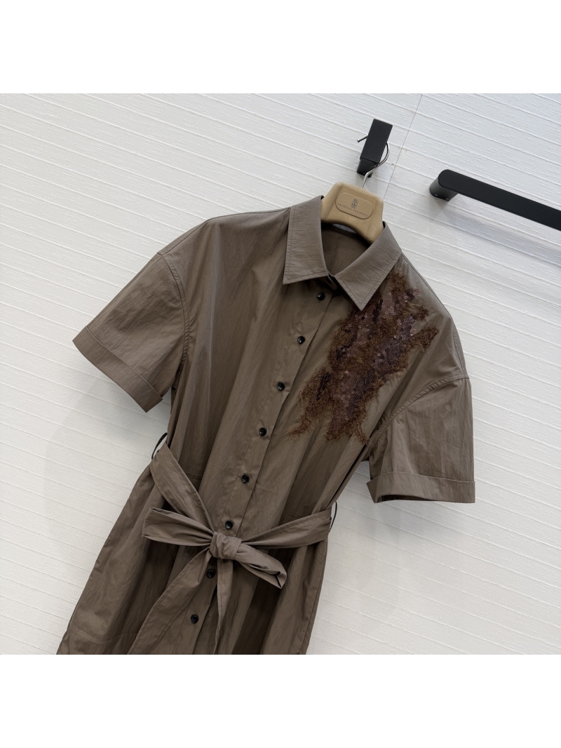 Brunello Cucinelli Cotton Blend Sequin Embroidered Shirt Dress