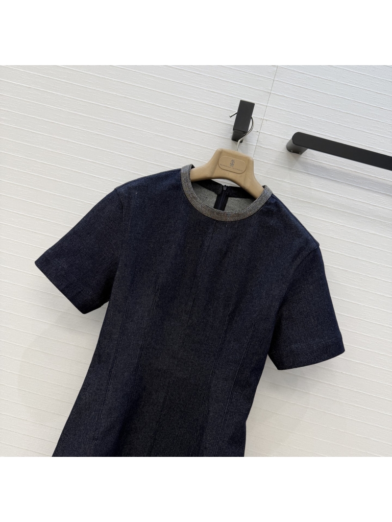 Brunello Cucinelli Monili Trim Indigo Denim A-Line Dress