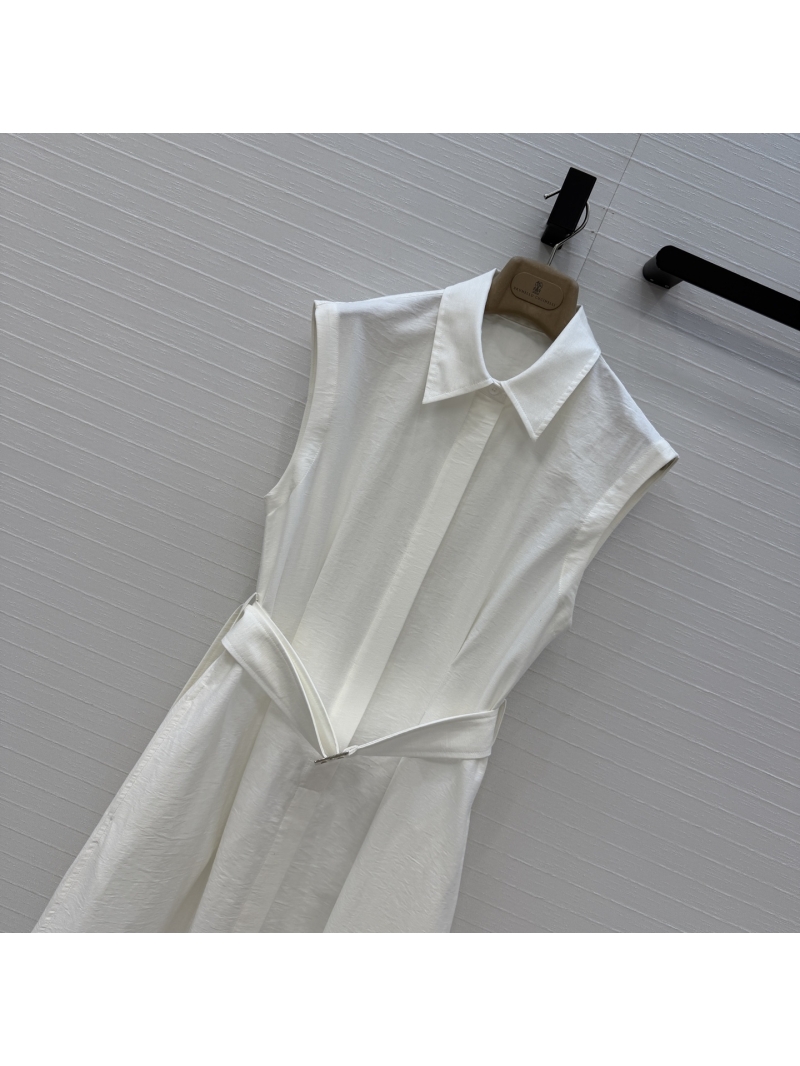Brunello Cucinelli Custom Twill Cotton Pleated Shirt Dress in White