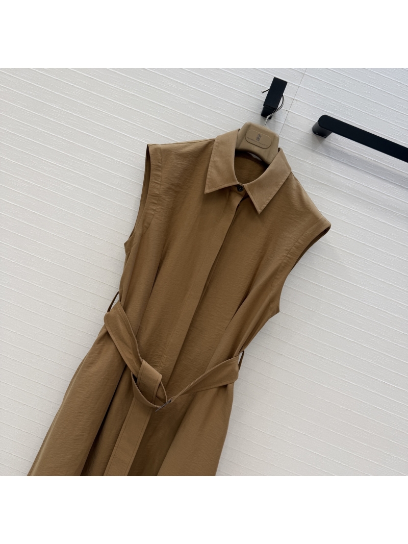 Brunello Cucinelli Artisan Twill Cotton Pleated Shirt Dress with Hand-Stitched Chain Detail