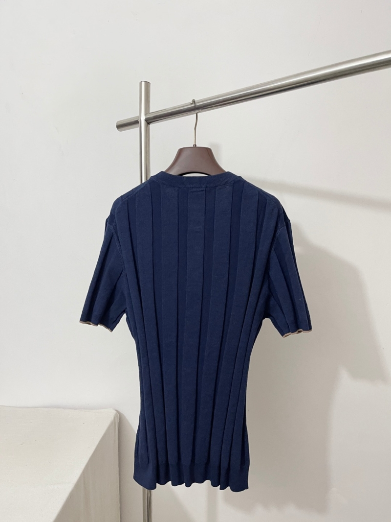 Brunello Cucinelli Ribbed Linen-Cotton Blend Henley Knit T-Shirt in Navy Blue