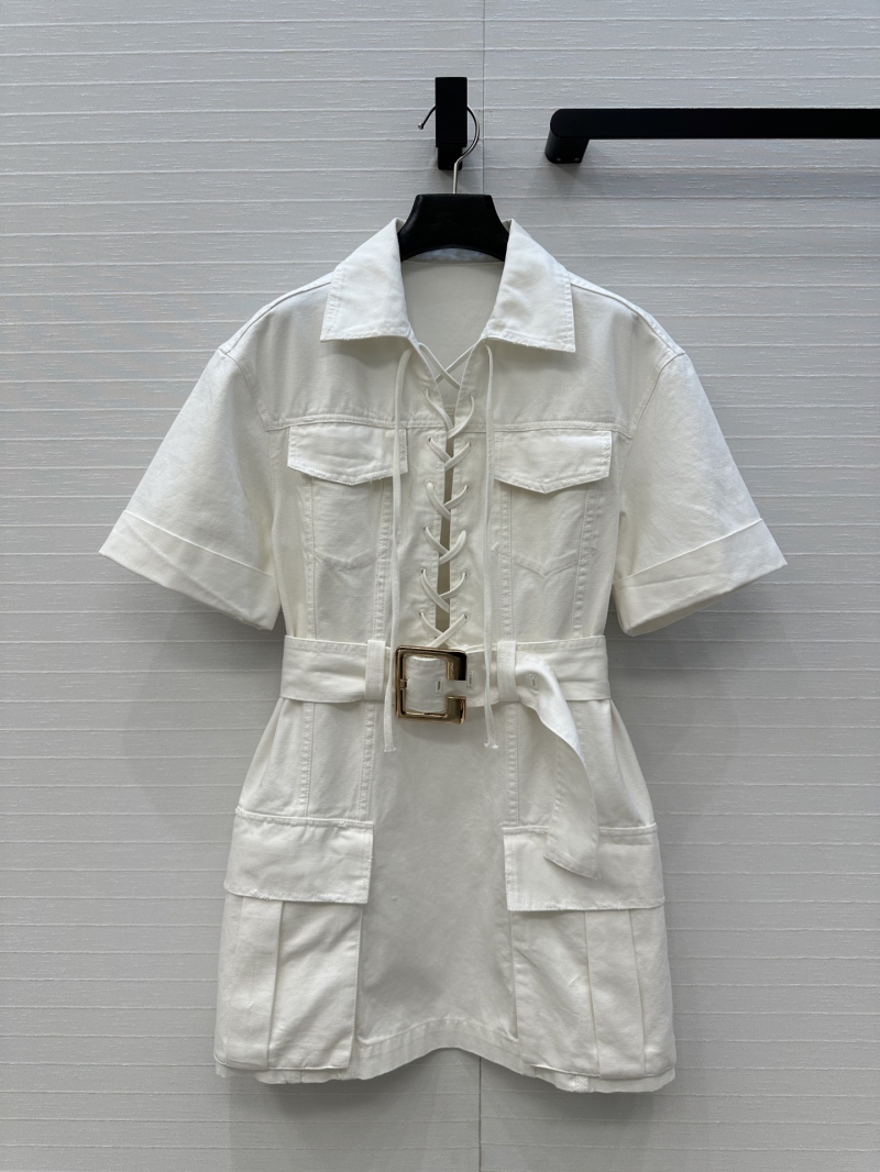 Balmain Exclusive White Denim Cross-Strap Dress with Distressed Design