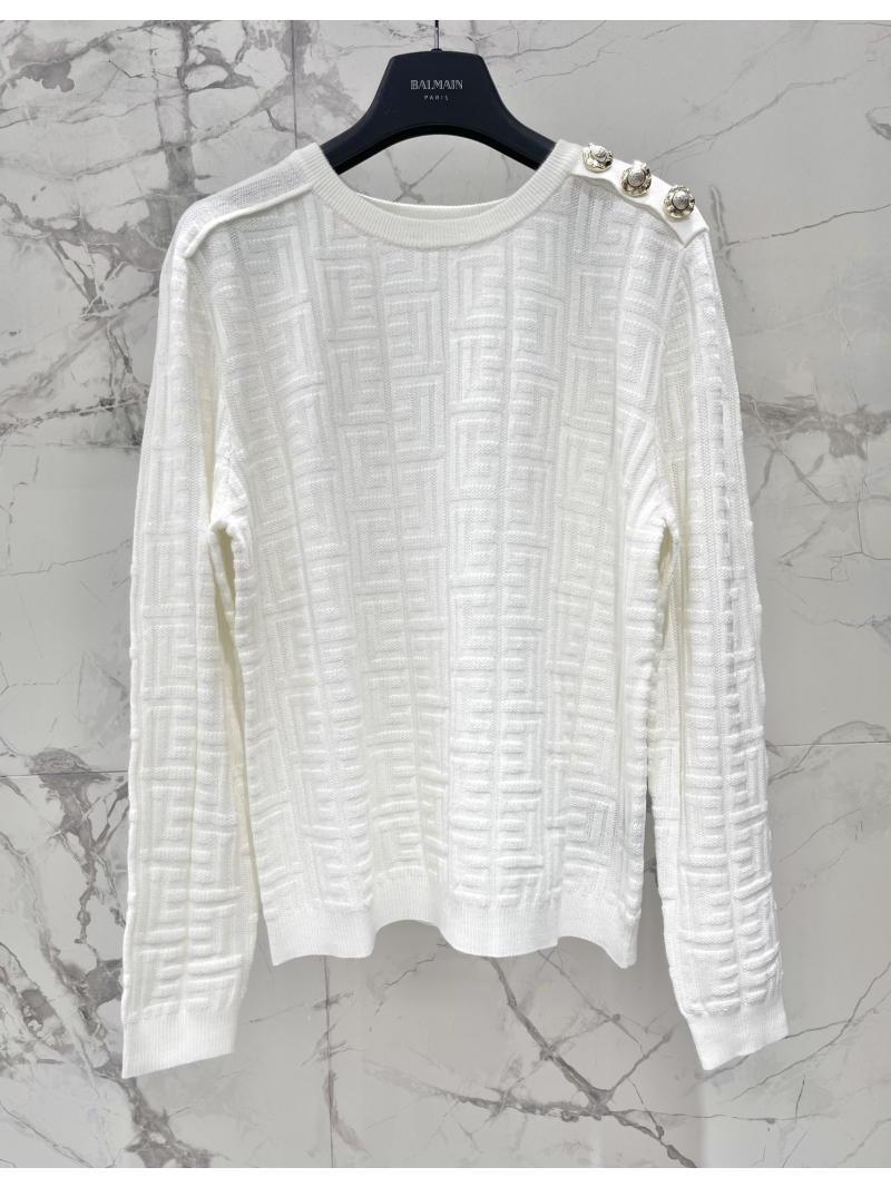 BALMAIN Jacquard Metal Shoulder Button Knit Round Neck Short Sleeve Top