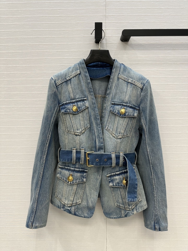 Balmain 25 Early Autumn Collection Retro Washed Blue Denim Jacket - V-Neck Belted Design