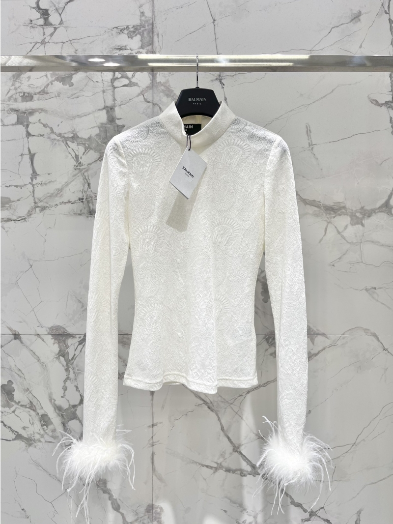 Balmain Embossed Jacquard Top with Ostrich Feather Cuffs in White