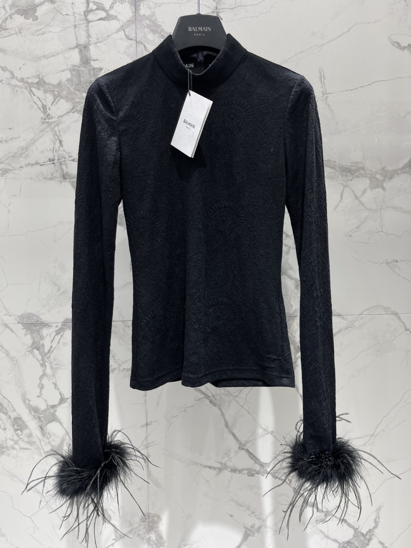 Balmain Black Jacquard Top with Ostrich Feather Cuffs - Luxe Cropped Blouse