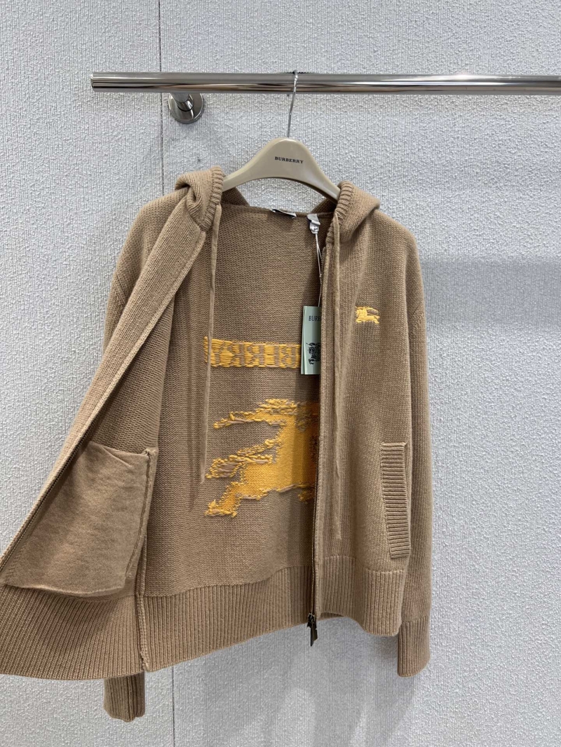 Burberry Wool-Cashmere Knitted Zip-Up Hoodie - EKD Embroidery - Camel Brown