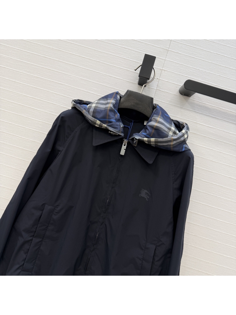Burberry Detachable Check Hood Lightweight Navy Blue Flight Jacket