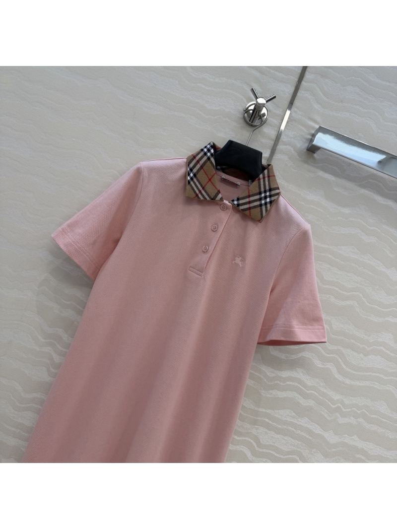 Burberry Imported Piqué Cotton Plaid Collar Polo Dress in Dusty Rose