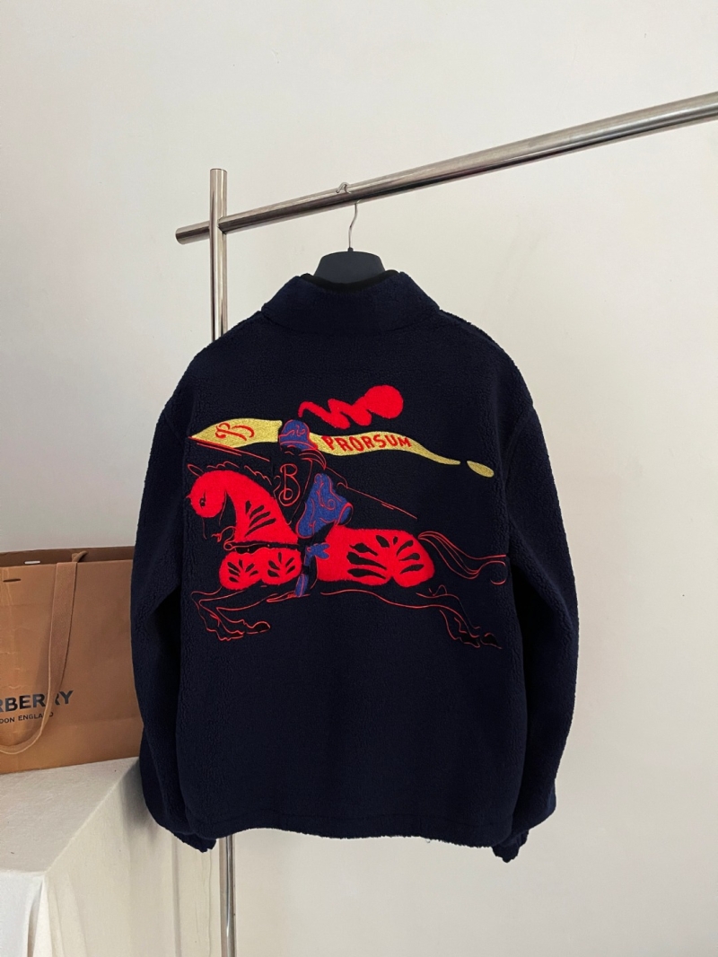 Burberry Unisex Sherpa Fleece EKD Embroidered Jacket in Deep Navy Blue