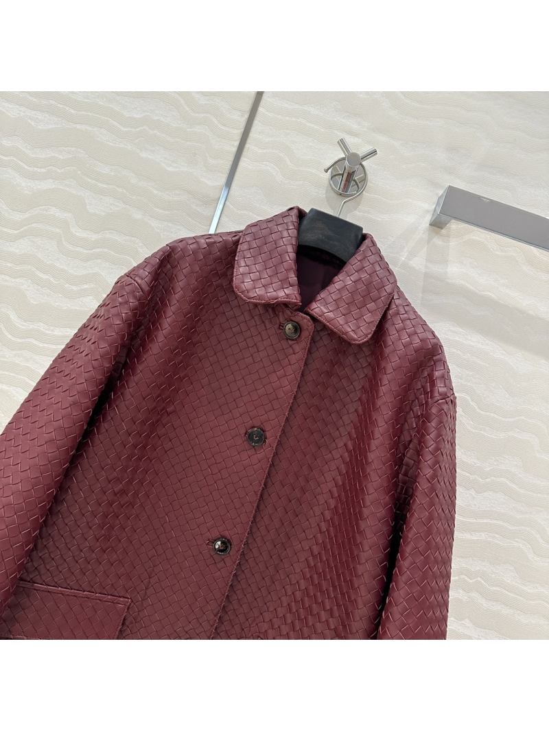 Bottega Veneta Intrecciato Leather Jacket in Wine Red - Luxe Woven Lambskin Coat with Vintage American College Silhouette