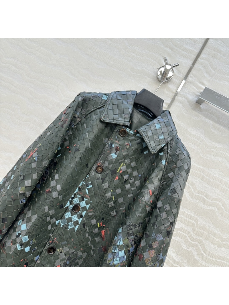 Bottega Veneta Exclusive Graffiti Newspaper Edition Modern Retro Knit Leather Jacket in Moss Green