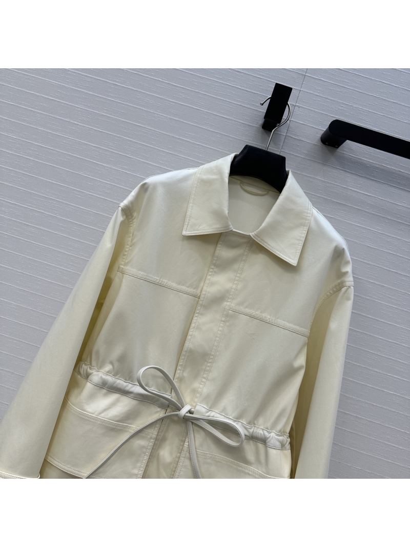 Bottega Veneta Early Autumn Hunting-Style Jacket in Cream White | Premium Imported Cotton & Genuine Leather Trim | Adjustable Waist