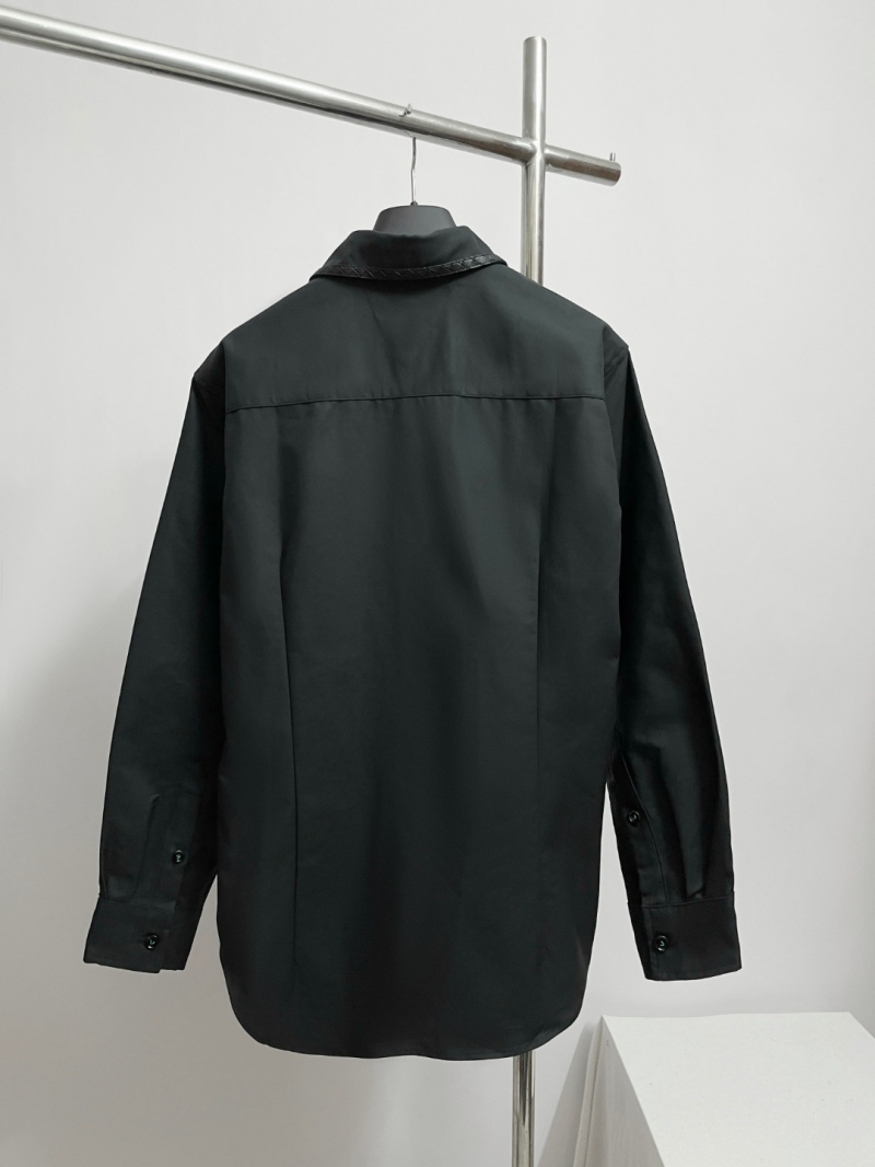 Bottega Veneta Black Oversized Long-Sleeve Shirt with Quilted Collar and Contrast Embroidery