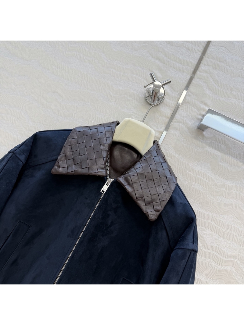 Bottega Veneta Sumptuous Suede Lambskin Cropped Bomber Jacket with Signature Woven Collar, Midnight Blue