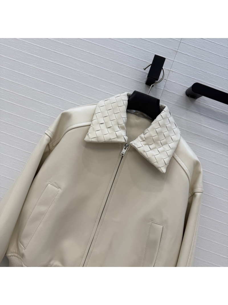 Bottega Veneta White Lambskin Woven Collar Leather Jacket