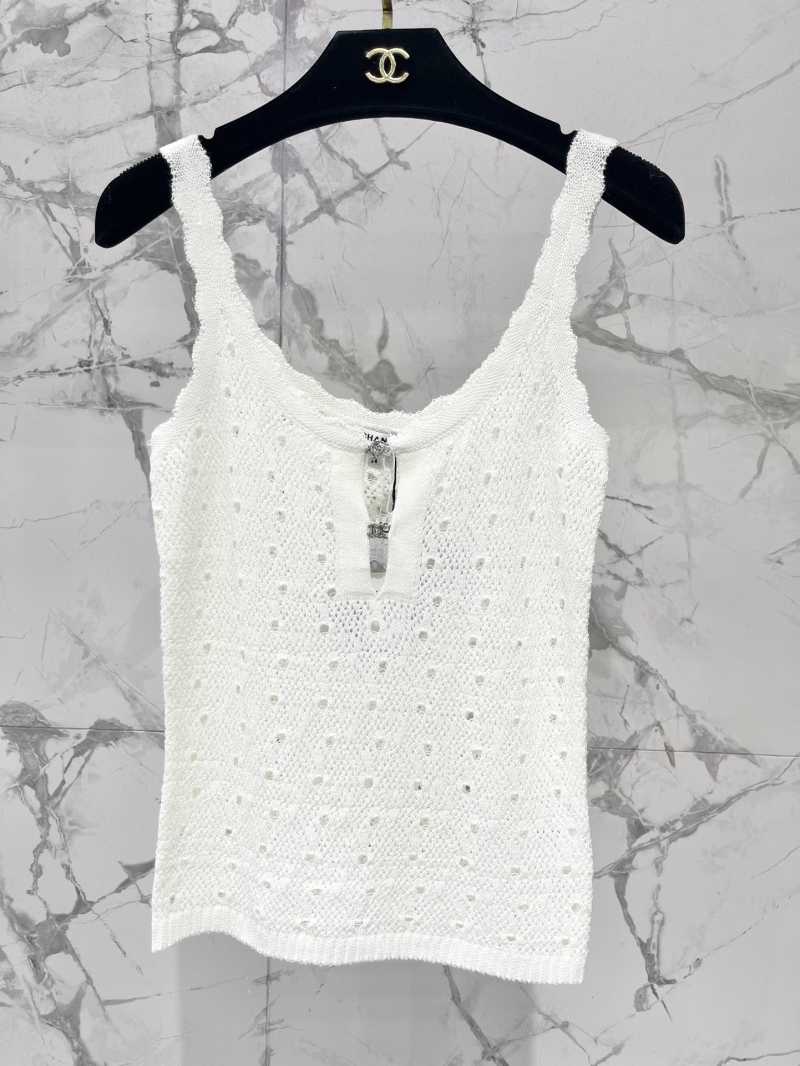 CHANEL CC Monogram Embellished Lace Trim Knit Vest White
