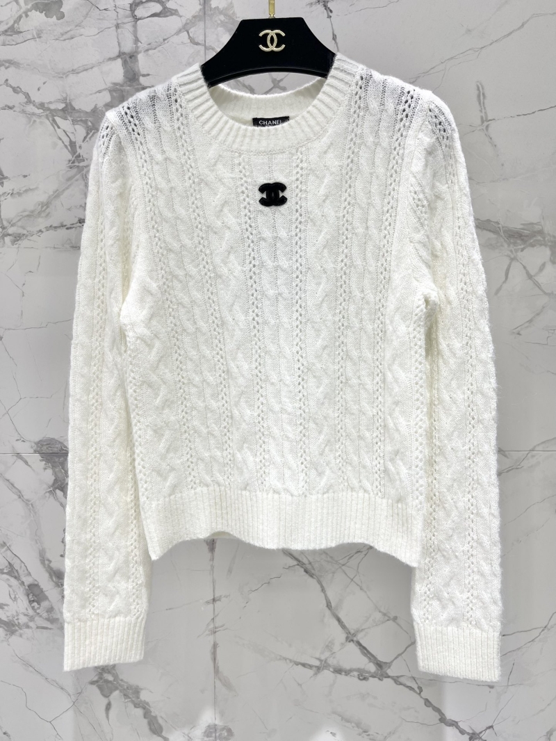 CHANEL Classic Cable-Knit Openwork Wool Long Sleeve Top in White