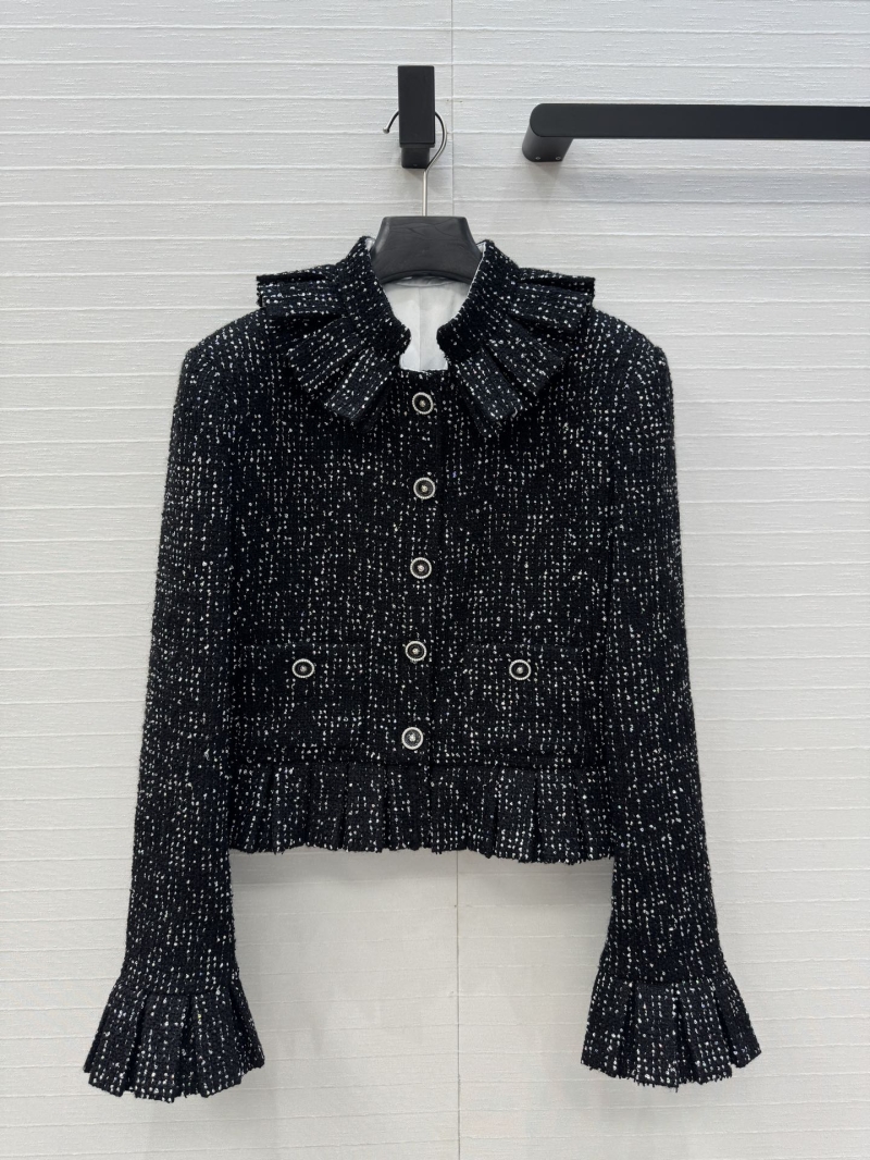 Chanel 25A Collection: Luxe Black Sequin Tweed Jacket with French Court-Style Ruffles