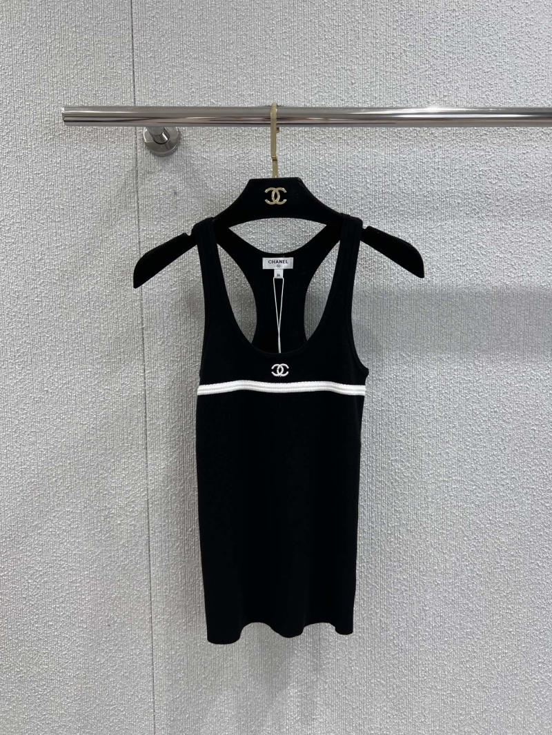 Chanel Black Luxe Sleeveless Dress with V-Neckline and Contrasting White Stripe