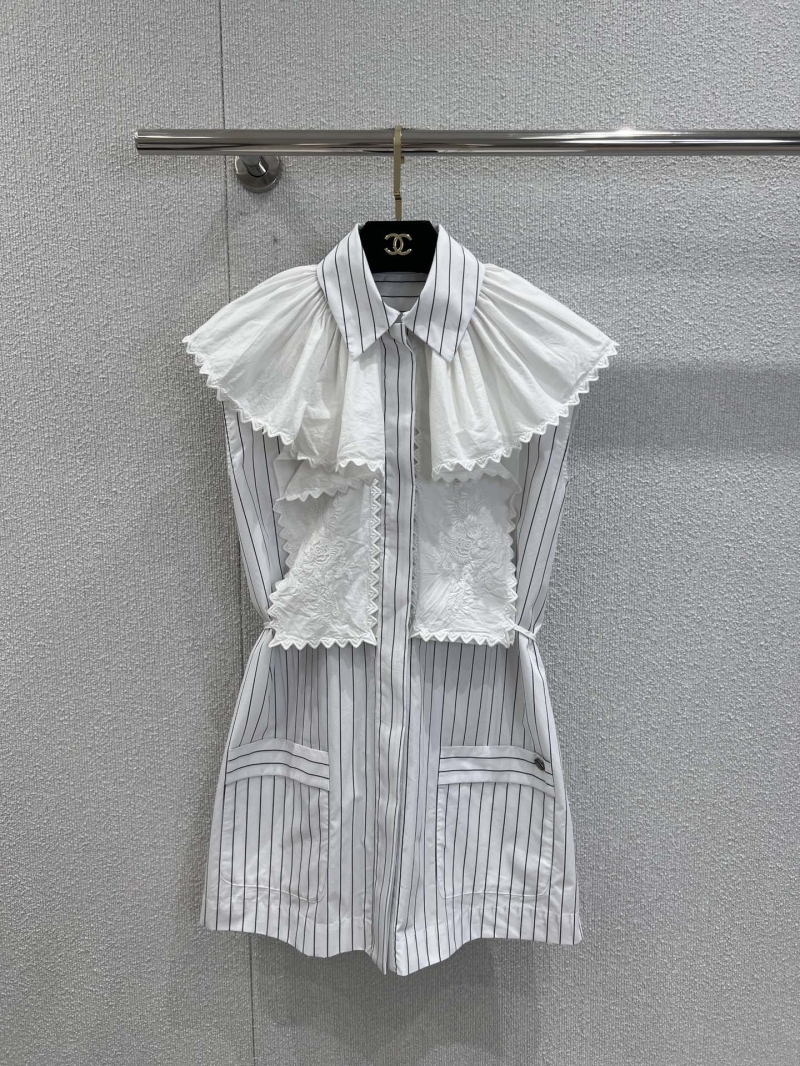 Chanel Vintage-Inspired Striped Lace Shirt Dress - Luxe Cotton with Embroidered Scarf
