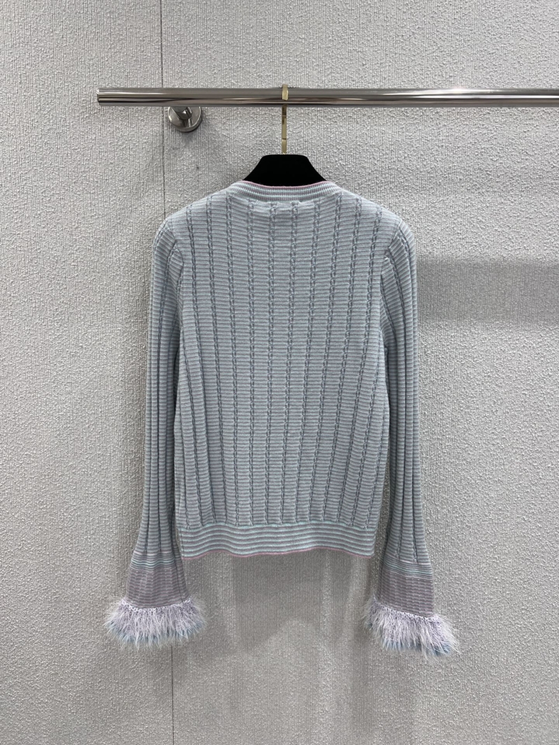 Chanel 25B Atelier Collection Cashmere Knit Cardigan with Vertical Stripes and Fur Trim in Light Blue