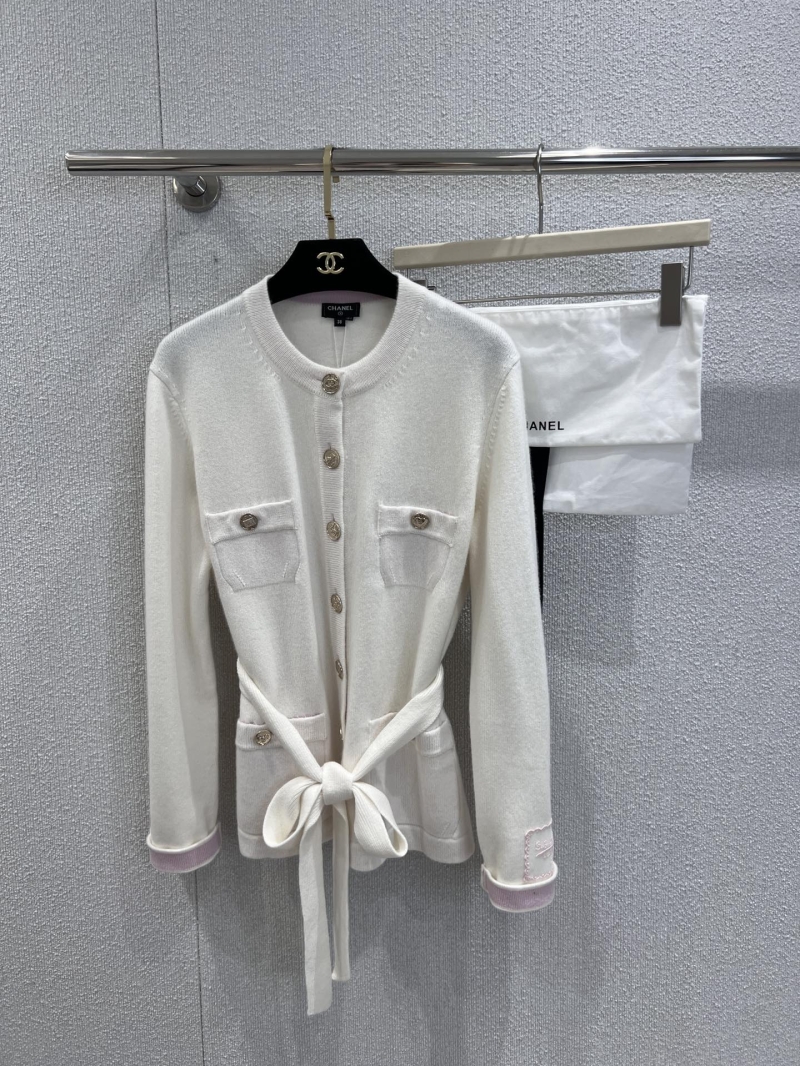 Chanel 25b Atelier Collection Minimalist Two-Tone Neckline Tie-Waist Long Knit Cardigan in White with Pink Trim