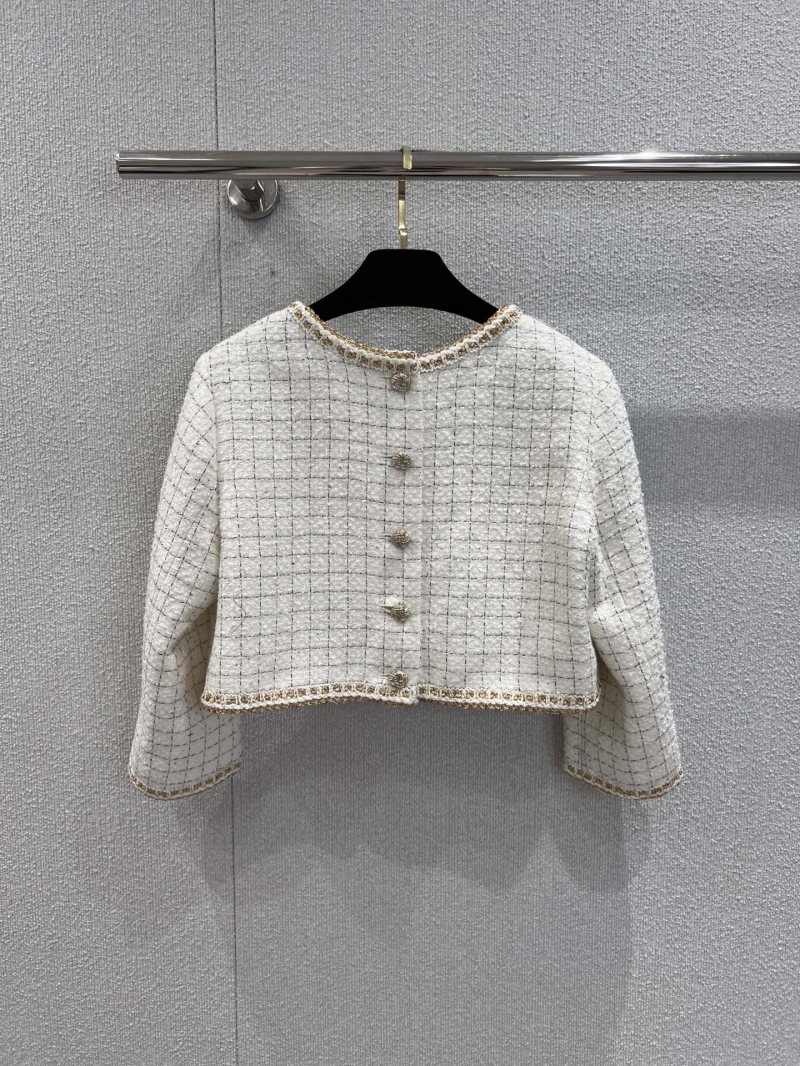 Chanel 25A Exclusive Tweed Jacket with Gold Trim - White
