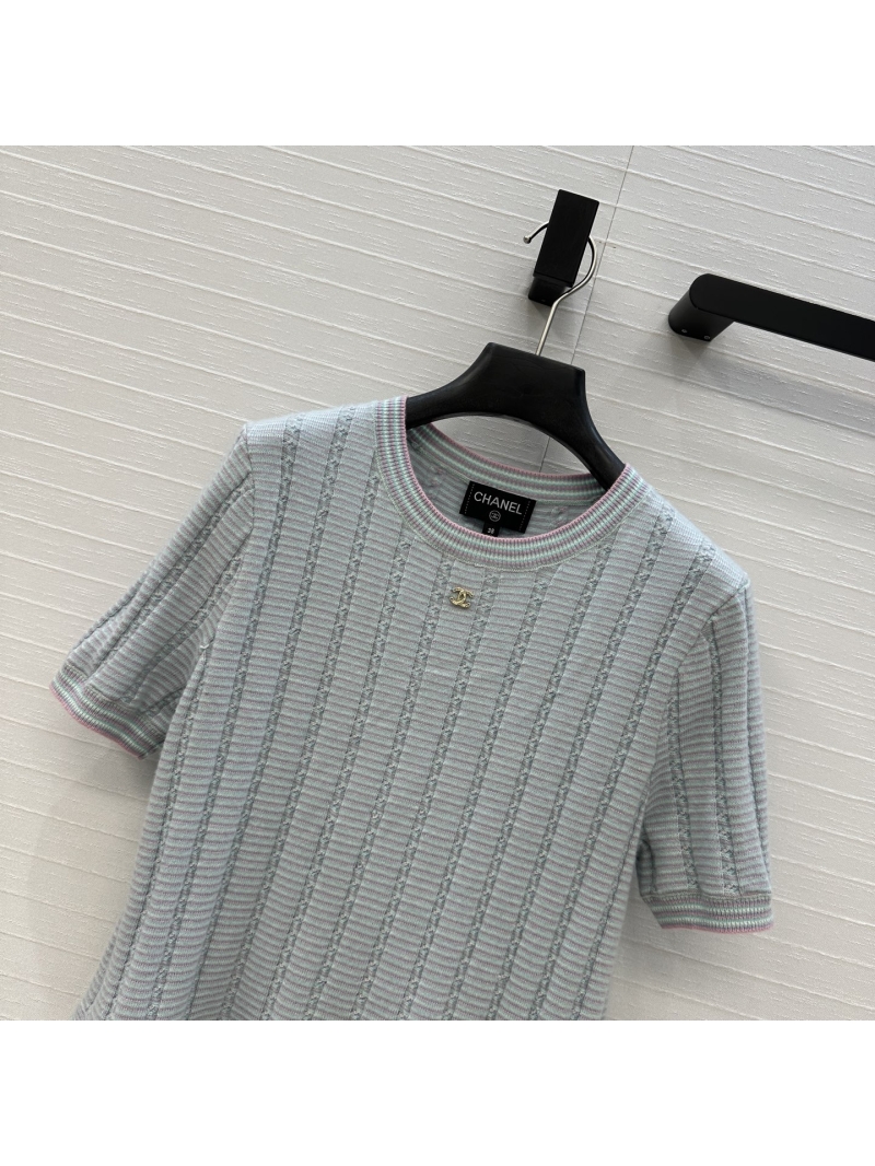 Chanel Exclusive 25B Collection: Luxe Powder Blue Round Neck Short Sleeve Knit Top with Floral Lace Trim