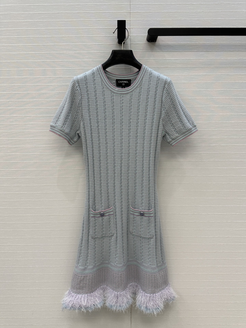 Chanel Exclusive 25B Collection Luxe Round Neck Knit Short Sleeve Dress in Powder Blue