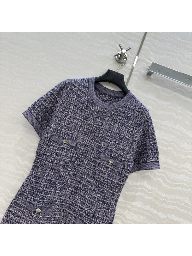 Chanel Coco Girl Round Neck Short Sleeve Knit Dress in Lavender Blue