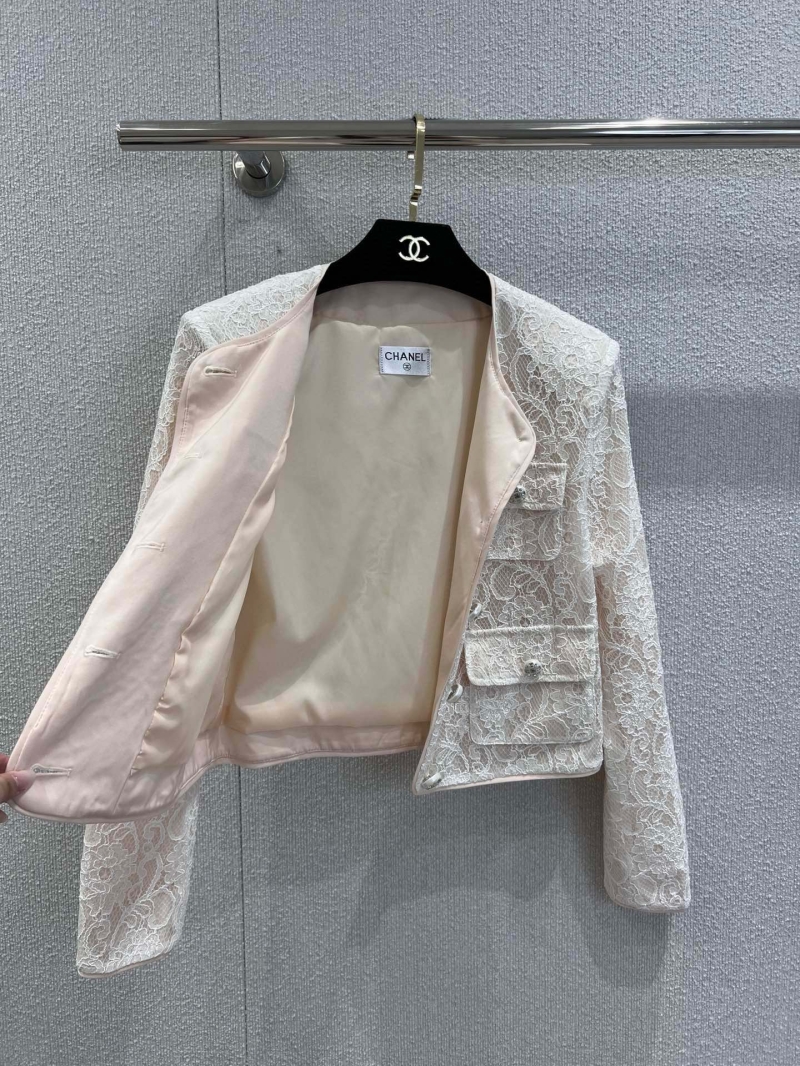Chanel Early Fall Lace-Embroidered Short Jacket in Beige - Luxe Custom Lace with Metallic Logo Buttons