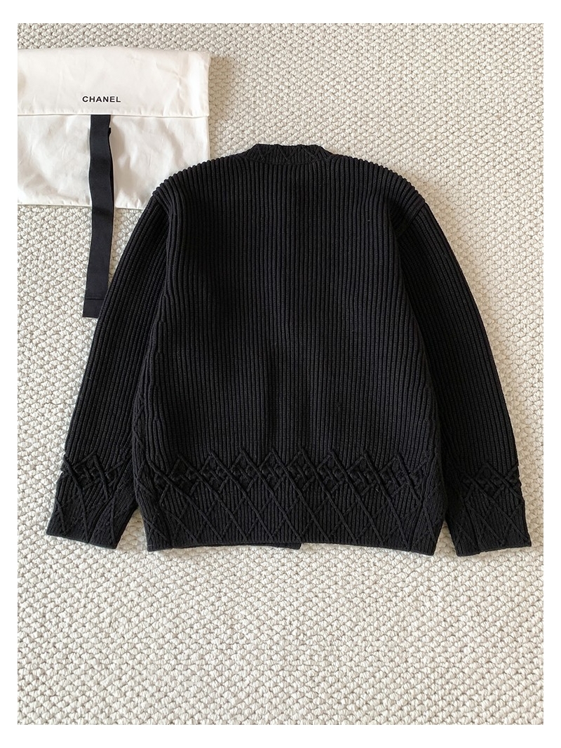Chanel Luxe Knitted Cardigan in Black with Lace Detailing and Custom Coin Buttons