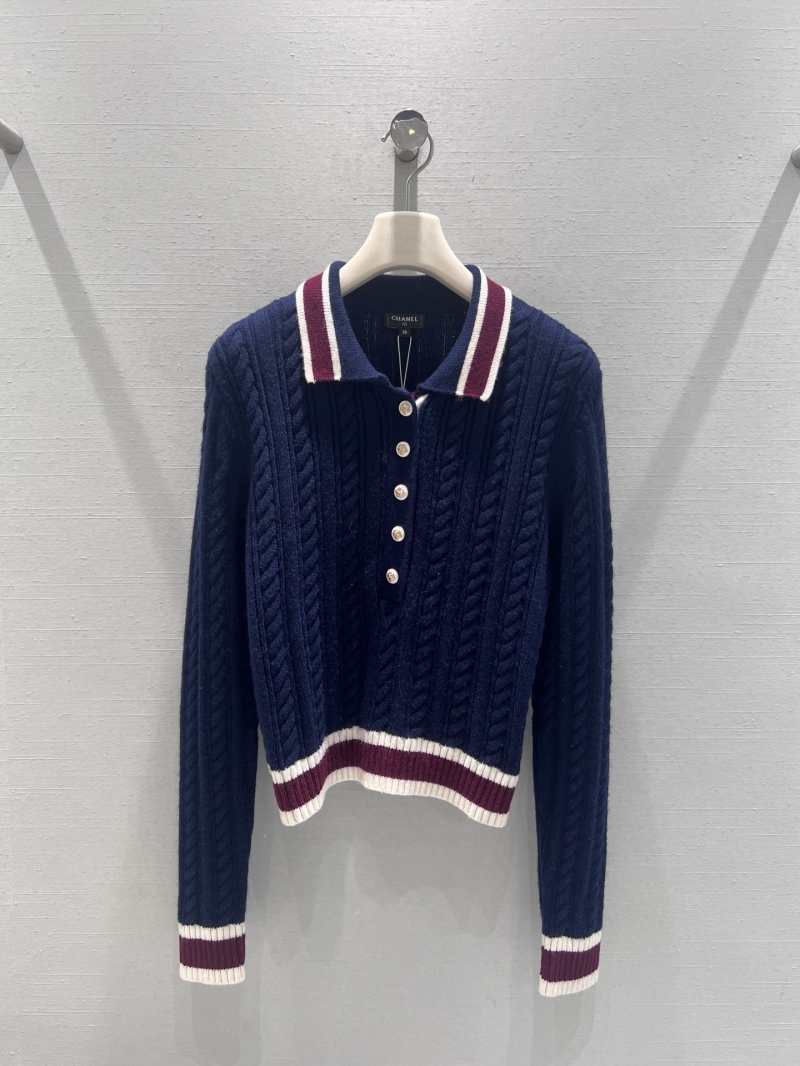 Chanel 2025FW Métiers d'Art Collection Navy Blue Wool-Blend Cable Knit Sweater with Pearl Buttons