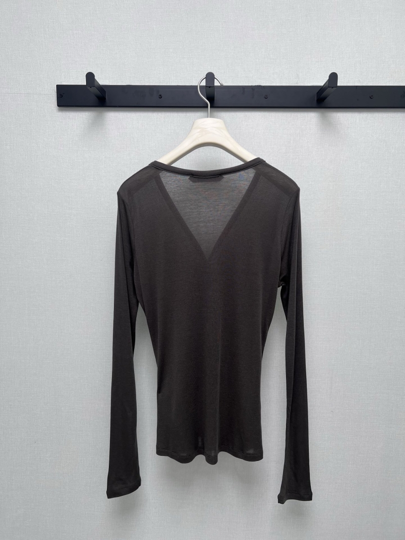 CHANEL Women's Deep V-Neck Ruched Top in Charcoal Grey, Exquisite High-Elastic Fabric with Embellished Floral Brooch, Couture-Inspired Design for Fall/Winter