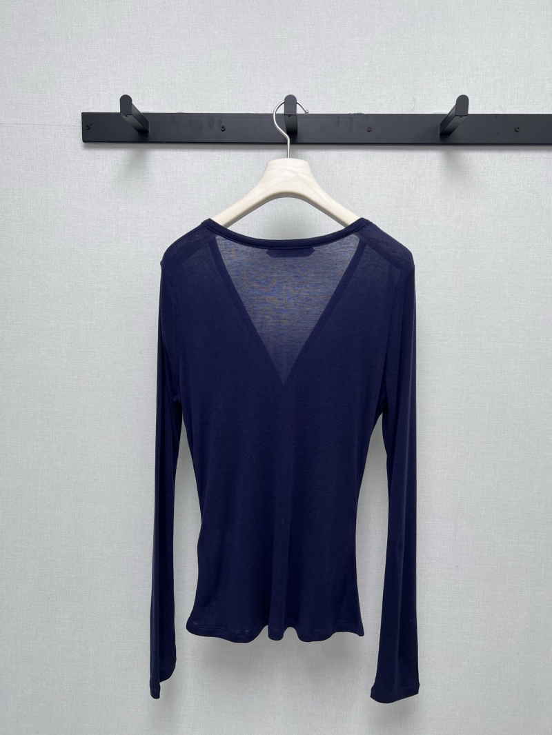 CHANEL Women's Deep V-Neck Long Sleeve Top, Navy Blue, Exquisite Floral Embellishment, Luxe High-Elastic Fabric, Couture-Inspired Design