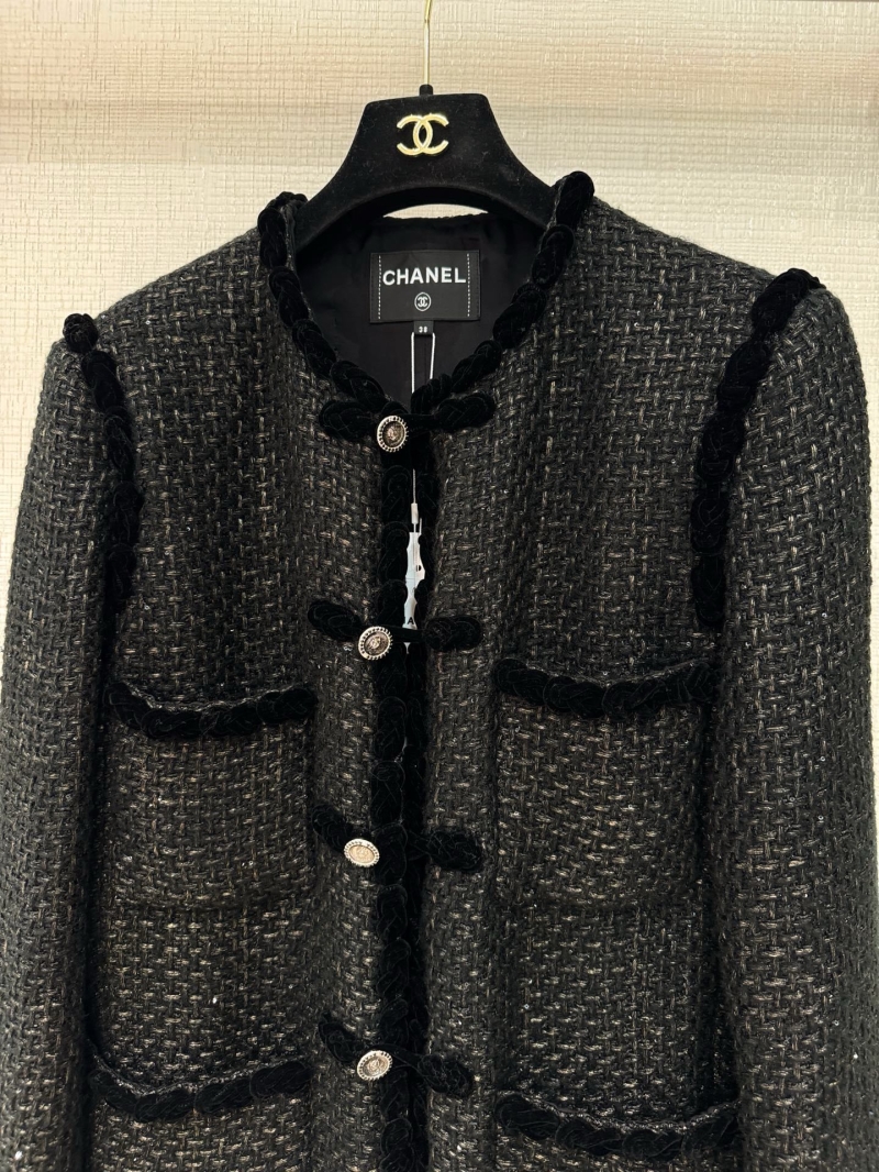 Chanel Women's Tweed Jacket with Handcrafted Frog Closures, Exquisite Silk Lining, Tailored Fit, Black
