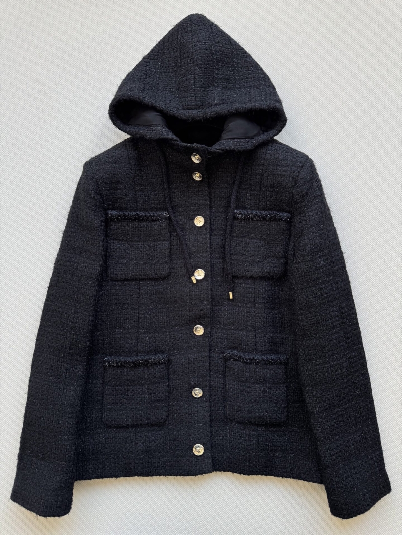 Chanel Women's Mid-Length Tweed Hooded Coat, 100% Pure Silk Lining, Detachable Hood, Custom Gold Buttons, Black, Artisan-Crafted, Couture-Inspired