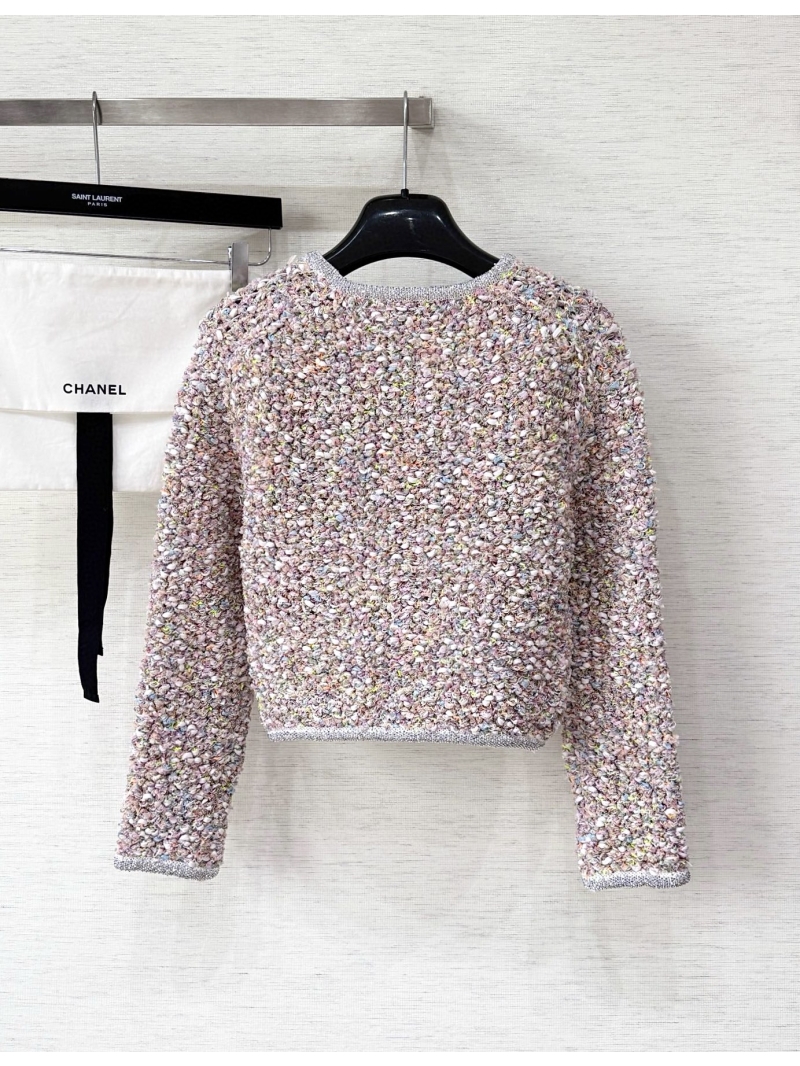 Chanel Tweed Jacket, Pastel Multi-Color Bouclé Weave with Silver Metallic Trim, Classic Cropped Boxy Fit