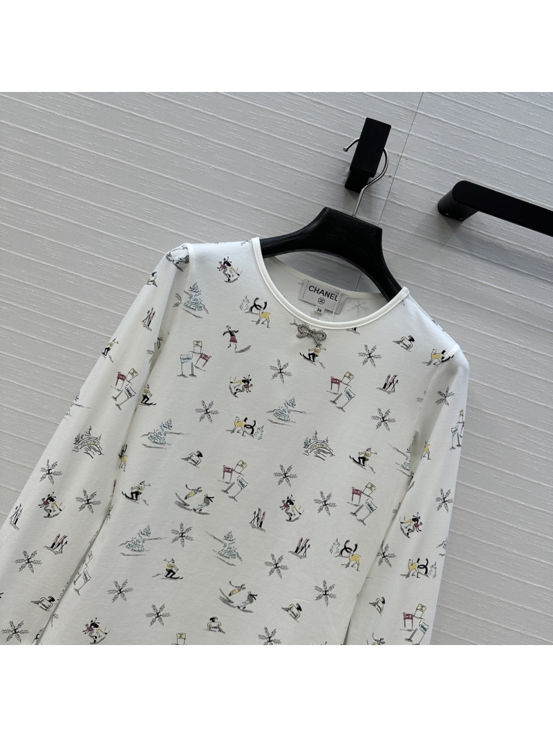 Chanel Coco Ski Collection Long-Sleeve Cotton Top with Bow Detail - Winter Sports Print, Slim Fit
