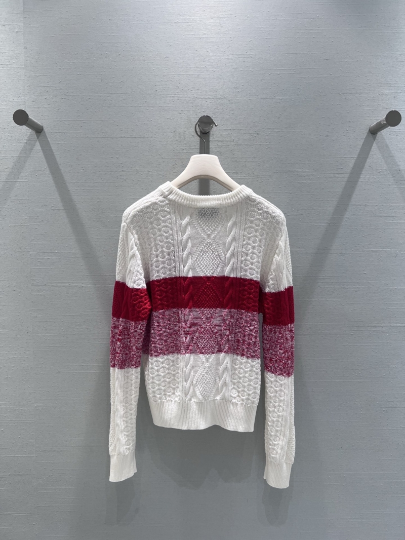 Chanel Women's Long-Sleeve Cable-Knit Sweater - White, Red & Burgundy Striped with CC Logo