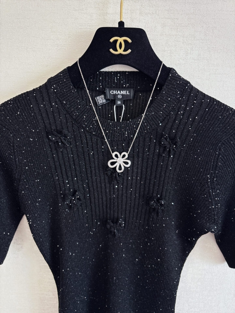 Chanel Black Ribbed Knit Top with Speckled Detailing and Distressed Accents