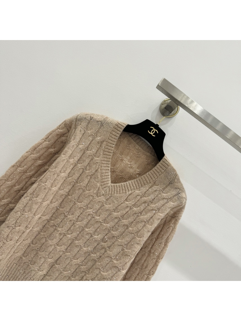 Chanel V-Neck Cable-Knit Sweater with Sparkling Thread, Oatmeal