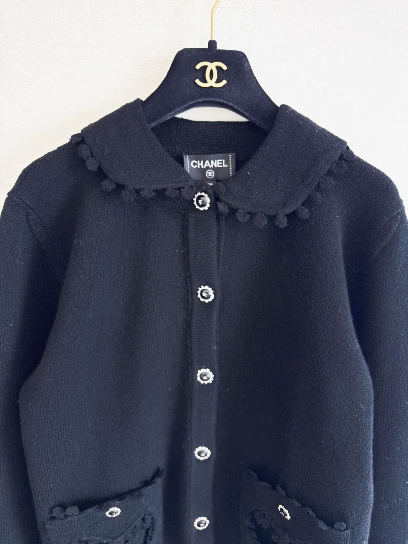 Chanel Black Knit Cardigan with Peter Pan Collar and CC Logo Pockets