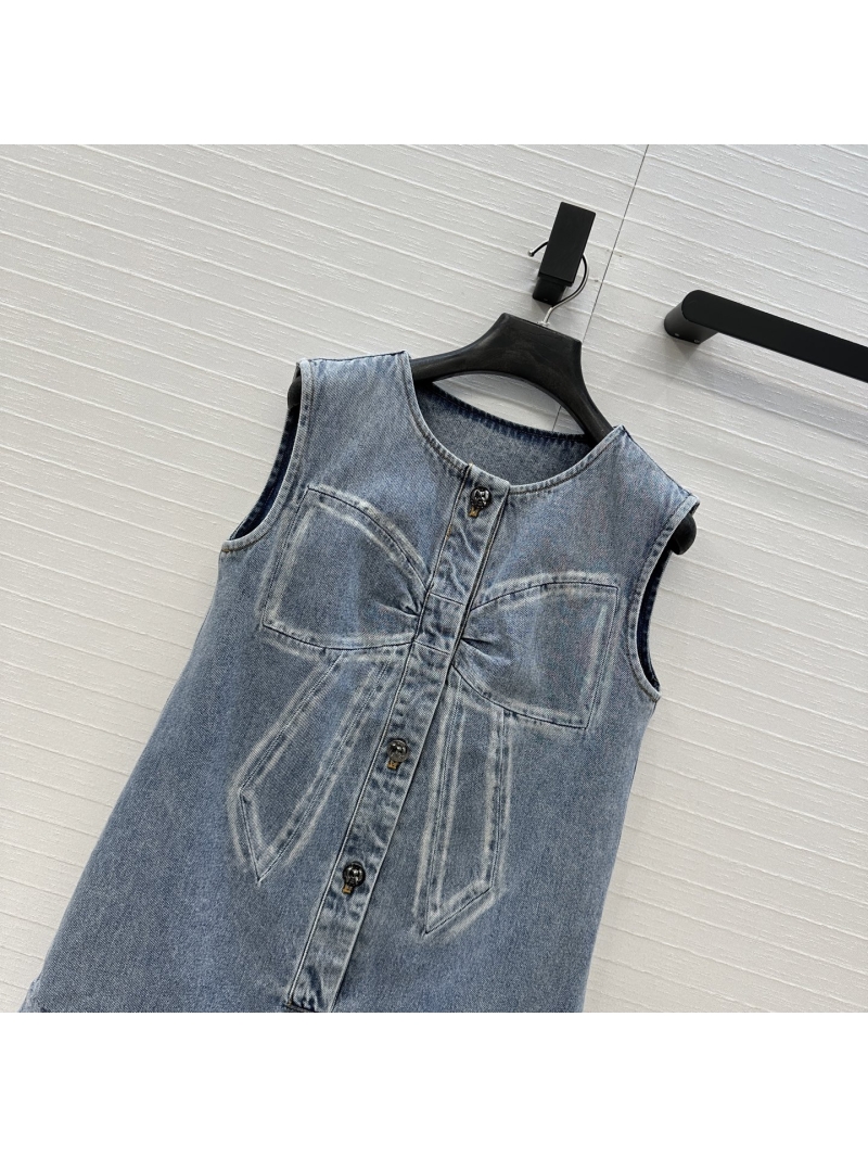 Chanel Denim Vest Dress with Bow Detail – Vintage Washed Cotton-Blend, Straight Cut with Ruffle Hem