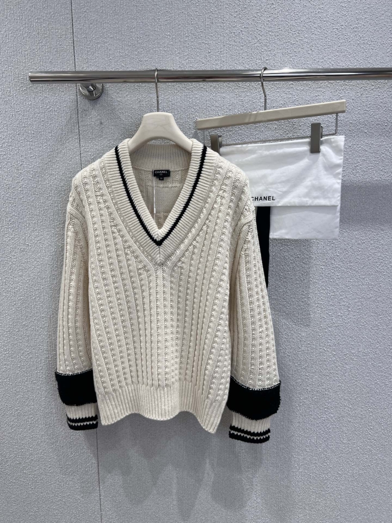 Chanel V-Neck Knit Sweater, Black and White Color-Block, Textured Ribbed Design, Collegiate-Inspired Luxury